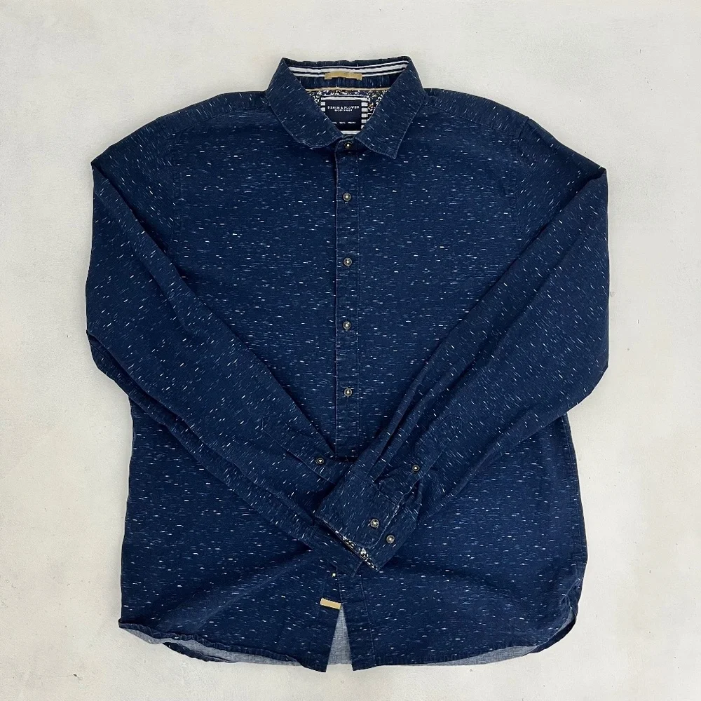 Denim & Flower Ricky Singh Mens L Button Up Shirt Blue Nepped Print Flip Cuff